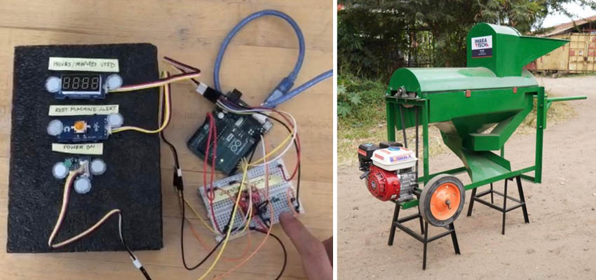 Left: Initial prototype of monitoring device. Photo: Lu-Heda, Lim Co  Right: Assembled Wheat Threshing Machine displayed outside of office. Photo: Imara Tech)