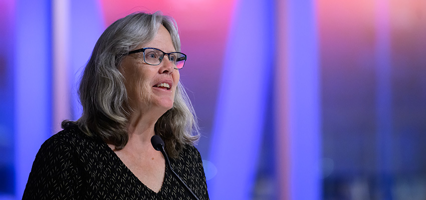 MIT D-Lab Founding Director Amy Smith delivering the keynote address at the 2025 IDEAS Social Innovation Challenge showcase and awards ceremoney