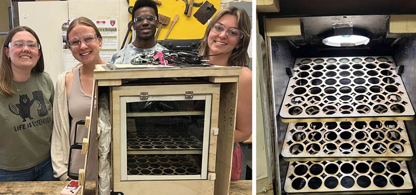 Students in the D-Lab course 2.651 / EC.711 designed an egg incubator system for rural poultry farmers in Cameroon. From left to right: Lilly Heilshorn, Maeve McGinnis, Jamel Merritt, and Gracie Goll. Credits: Courtesy of MIT D-Lab 