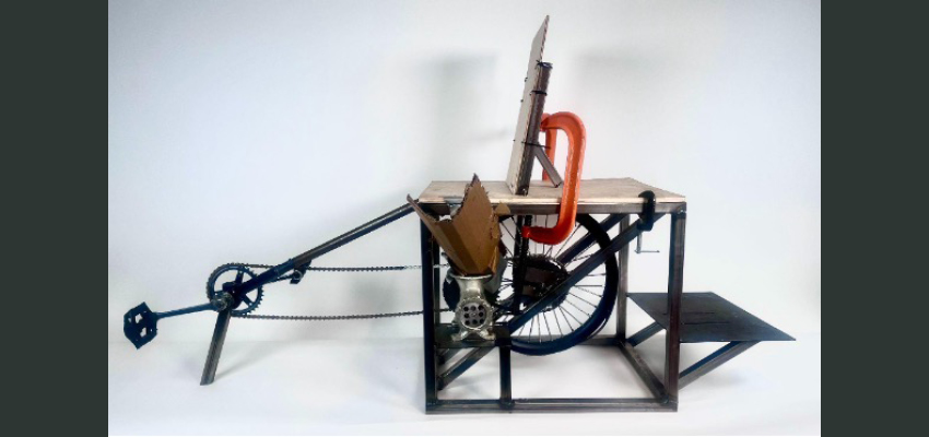 Prototype bike power system for the shea nut crusher made at D-Lab in Spring 2025. Photo: Courtesy MIT D-Lab