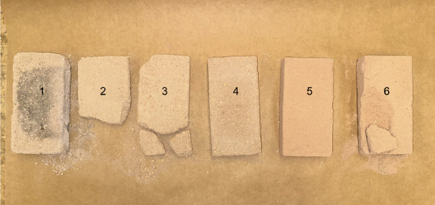 Six different brick compositions made using sand, clay, gravel and cement. Photo: Courtesy MIT D-Lab