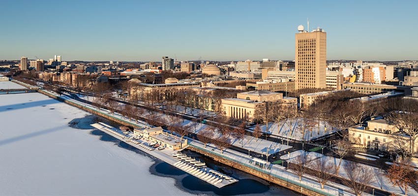 	 MIT Media Library Green Building and a snowy Charles River. Aerial photo: Emily Dahl