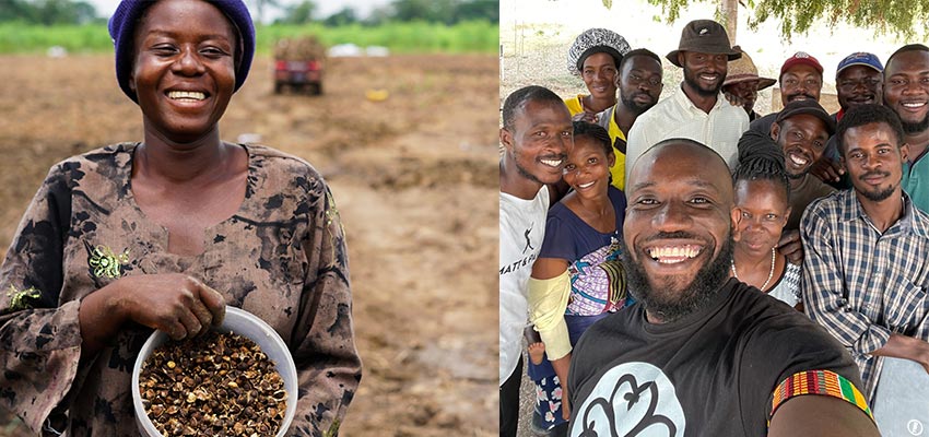 Left: A True Moringa woman farmer holds a bowl of moringa seeds. Photo credit: True Moringa. Right: Kwami Williams ‘14 with the farm team. Photo credit: True Moringa.Photos: Courtesy True Moringa