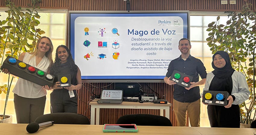 Picture taken by Eishna Ranganathan at our final presentation to the UADY university students. Macy Lehrer, Deeksha Kumaresh, Ben Lanava, Nurilly Rania binti Jusly are pictured from left to right. Our student team is holding parts of our one-module and multiple-module Bluetooth devices.