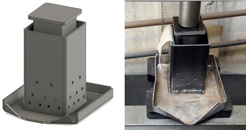 Left: A CAD model mock up of the final press housing prototype. This design features the content housing, the pressure applicator, and the oil collection bin. Right: Right: Final prototype of the pressing system proposed. Each component is made of steel to prevent deformation during the pressing process.Images: Madelyn Popilek  