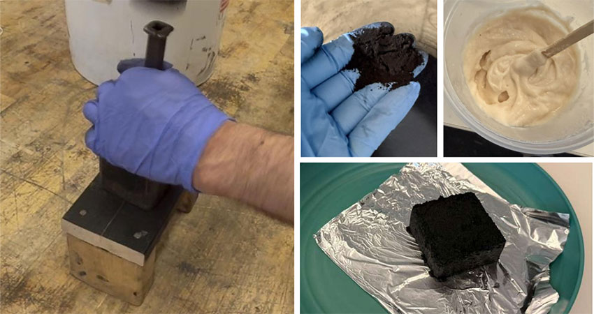 Clockwise from left: Briquette pressing in action; powder from grinded avocado seed biochar; cassava binder used to mix with powdered biochar to make briquettes; test briquette made from avocado seed biochar and cassava binder. Photos: Courtesy MIT D-Lab