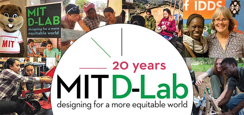 Multiple photos of working and smiling people, plus an MIT D-Lab 20th Anniversary logo