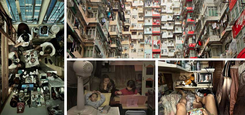 Views of an apartment housing complex from outside and inside.