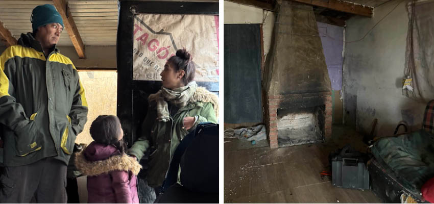Left: A standing man, woman, and child. Right: An interior with a smoke stained fireplace and chimney.