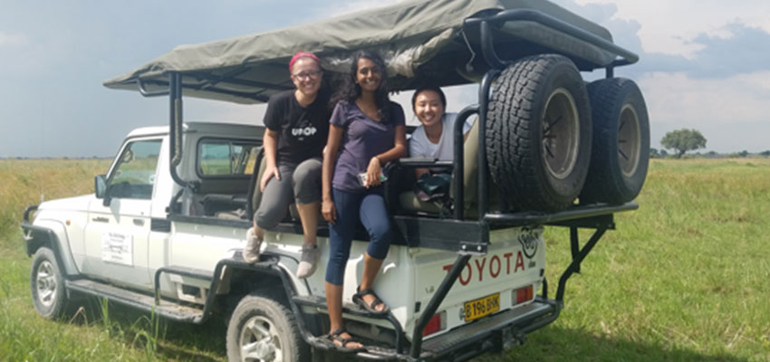 D-Lab students Anna, Smita, and Rebecca on the safari game drive in Maun, Botswana