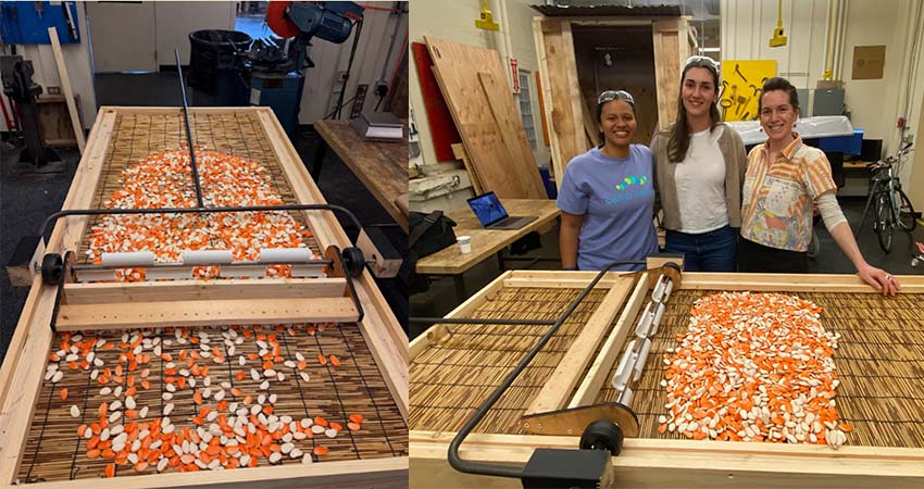 Left: rack with rolling rake on a workbench. Right. Three women standing behind the rack.