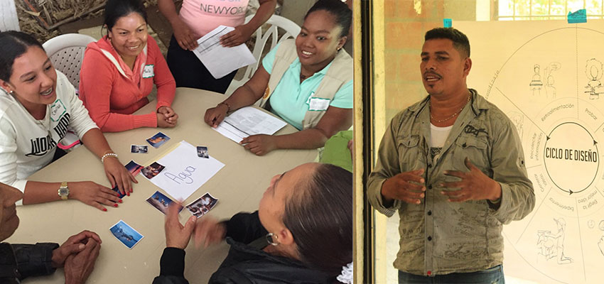 Left: Mayra, facilitator-in-training, leads the project team in their first team exercise. Mayra, facilitator-in-training, leads the project team in their first team exercise. Phot: Sher VogelRight: Gilberto, facilitator-in-training, leads a session on introducing the design process to Santa Rita participants. Photo: Liliana Murcia