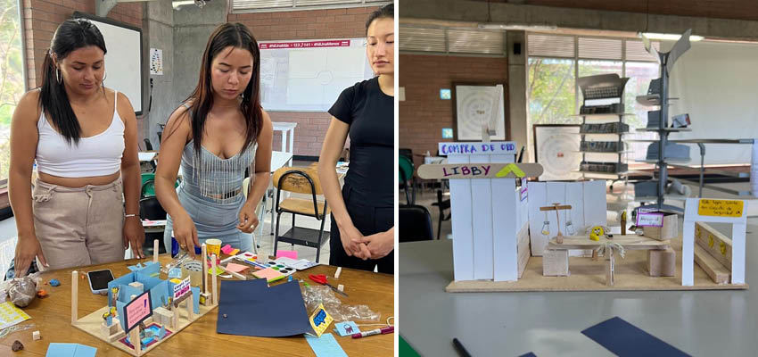 Left: Three women standing over a small model structure on a table. Right: Model structure on a table.