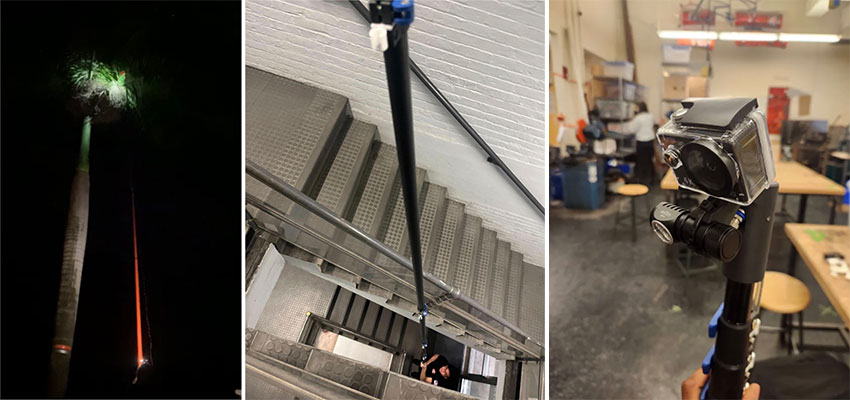 Three views of a pole fumigation device.