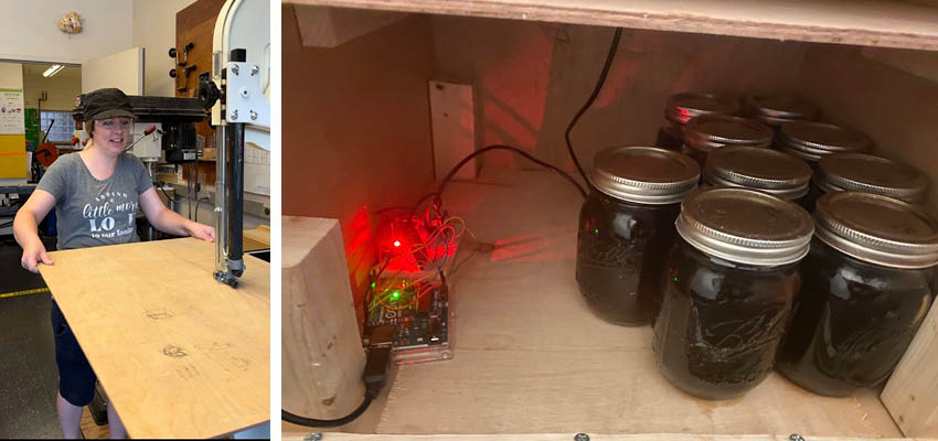 Woman working in workshop and plyswood box filled with mason jars.