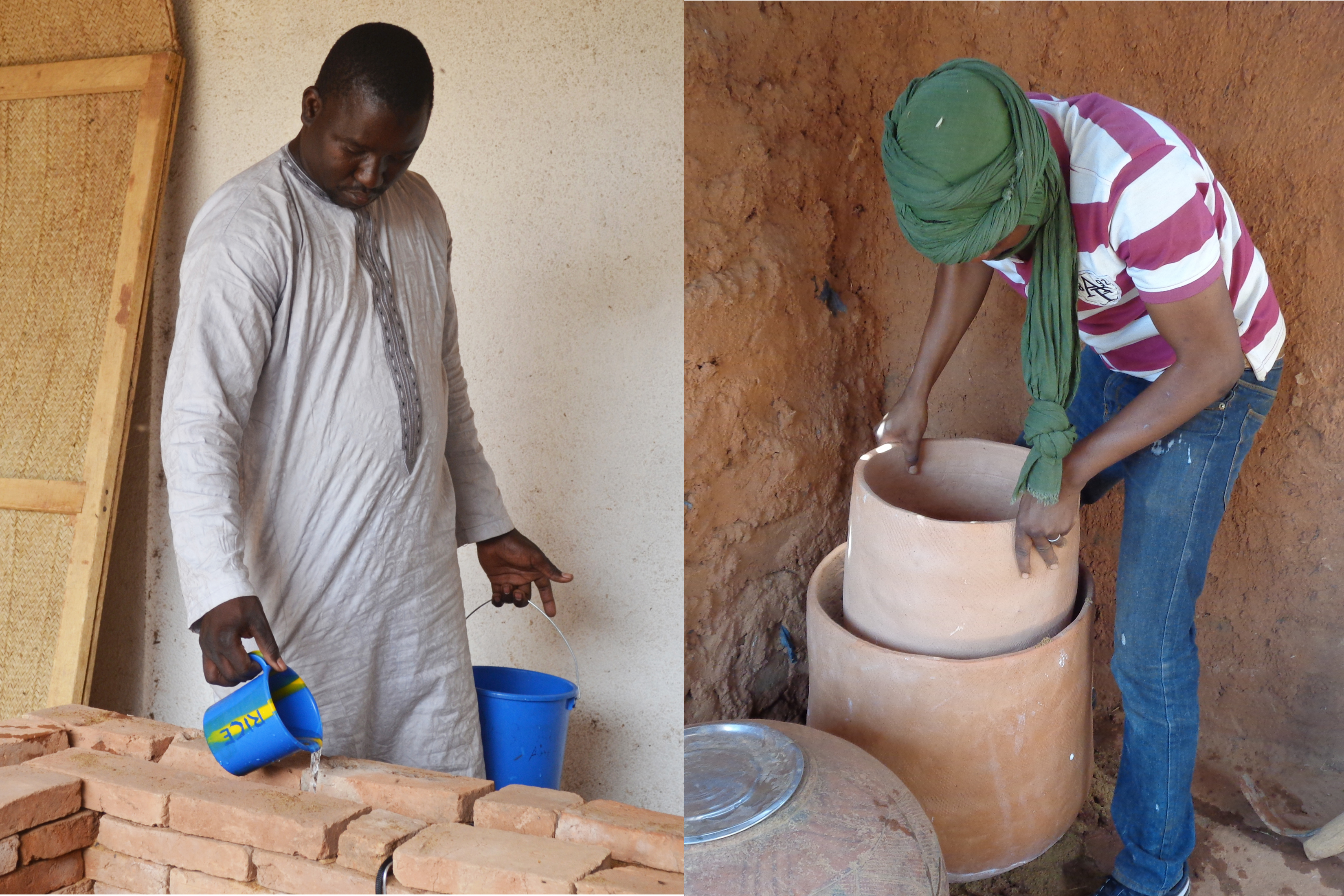 "Evaporative Cooling Technologies for Improved Vegetable Storage in Mali" is a new report from MIT D-Lab and CITE. At left, University of Bamako graduate student Aliou Coulibaly adds water to an evaporative cooling chamber in Bamako. At right, World Vegetable Center technician Fatogoma Tanou assembles a clay pot cooler in Mopti.