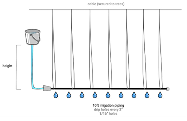Figure 4 (left). Diagram of experiment measuring the minimum viable height of upper water tank (in 2 Tank scenario) and minimum water flow rate to maintain water flow through the entire 10ft irrigation drip piping.