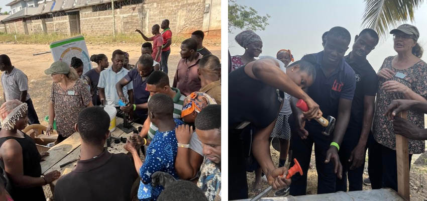 Two photos of people outside crowded around a table making charcoal briquettes.