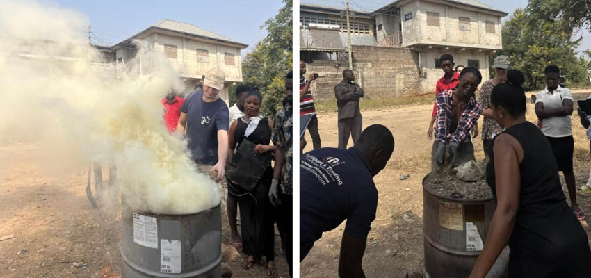 Two photos of a small group of people in a dry outdoor enviroment standing around a drum emitting smoke.