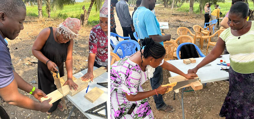 Two photos of people using a handsaw to cut a piece of wood at a table outside.