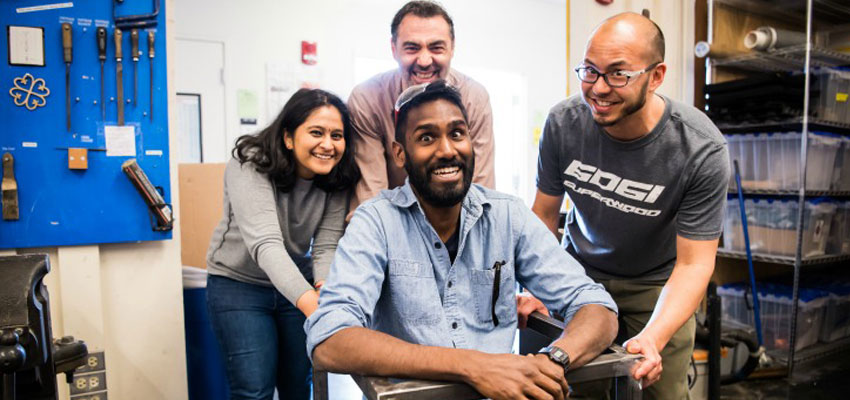 D-Lab: Design Instructors Sorin Grama (center back), Jerome Arul (center front), Teaching Assistant Pushpa Prabakar (left) and D-Lab Workshop Manager Jack Whipple (right). 