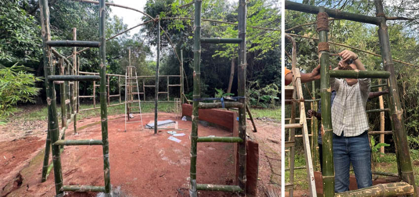 Left: The structure before wall slabs and folded bamboo joinery are added. Fish mouth joints are utilized to connect adjacent vertical columns with horizontal segments of bamboo. Overall, untreated bamboo is utilized for this temporary structure. For long-term durability, bamboo treated with borax and boric acid should be utilized instead. Right: Wrapping joinery with coconut husk rope.