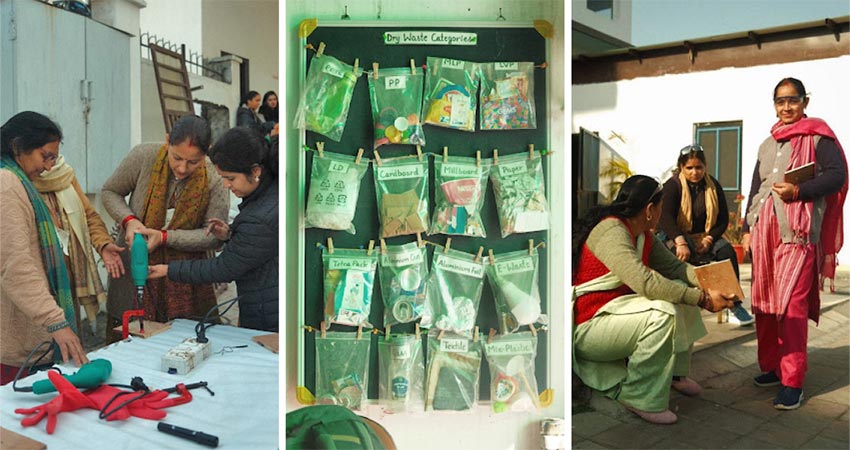 Left: Woman drilling wood. Center: Seed packets handing on wall. Right: woman standing.