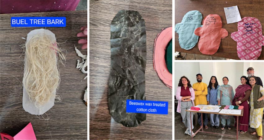 three views of homemade sanitary pads and a group of people standing behind a table.