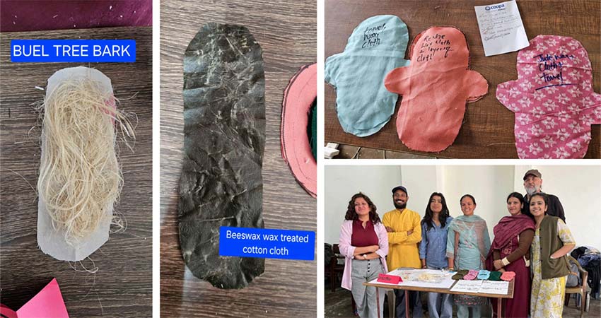 Views of hand-made sanitary pads and a group of people near a table.