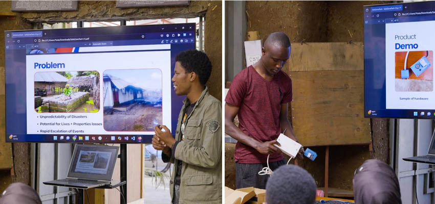 Left: Man in front of a screen describing a problem with fire and flood detection. Right: Man holding a device.