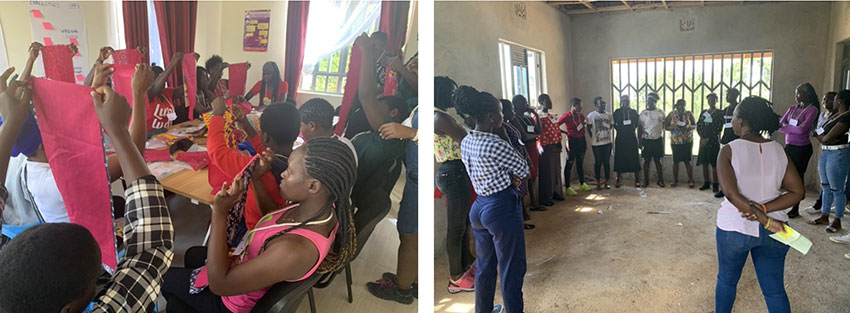 Left: people sewing a bag; right: people sitting outside in a circle