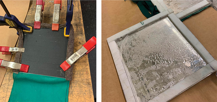 Left: mage of a 2-stage prototype built by our team at MIT. Wool provides insulation and the green cloth acts to wick water into the device. Photo: Susan Su  Right: Figure: Image of the inside of the MIT team two-stage desalinator after 6 hours of testing. Desalinated water was successfully collected on the condensing side of each layer. Photo: Susan Su