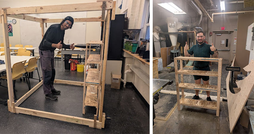 Left: Man standing in wooden cube frame and giving "thumbs-up" sign. Right: Man standing in front of waist-high wood shelves giving "thumbs-up" sign.