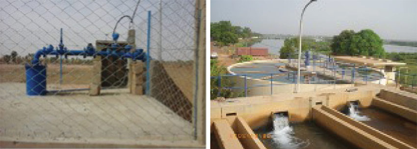 Left: bore hole operation. Right: decanter and sand filter