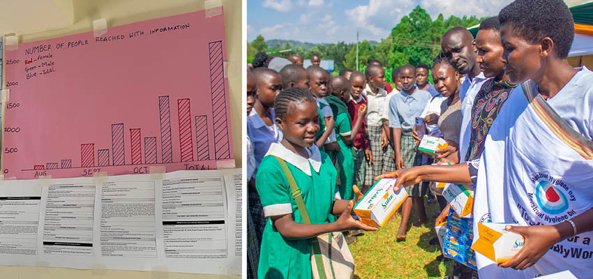 Bar chart on left, woman handng out boxes of re-usable menstrual pads to girls on the right.