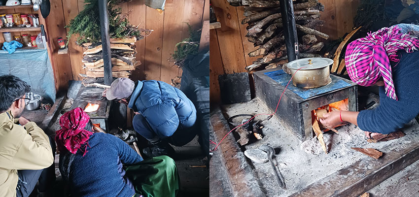 Two photos of people working with interior cookstove with chimney.