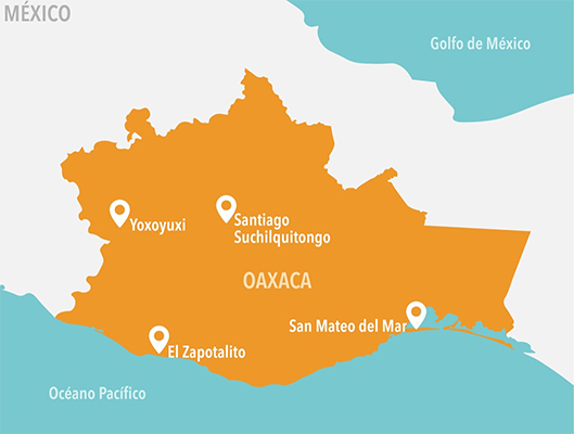 Location of the four communities in Oaxaca where CCB-inspired workshops were facilitated as part of the OC3 program.