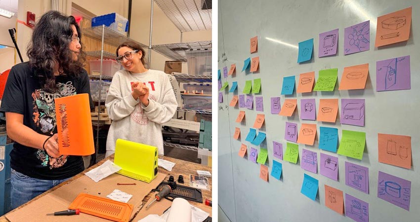 Left: a man and a woman standing at a work table. Right: A well with colorful post-iit notes.