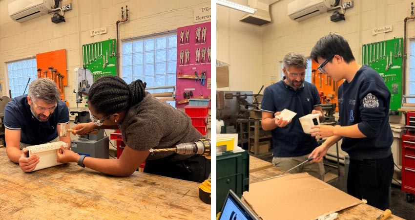 Left: Two men working at a work table. Right: Two men working at a work table.