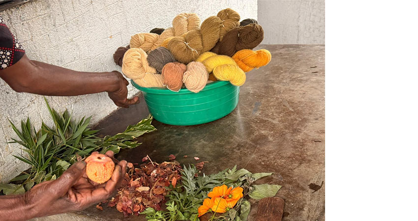 An arm and hand reaching toward a plastic basket of yarn and another handing holding a yellow fruit.