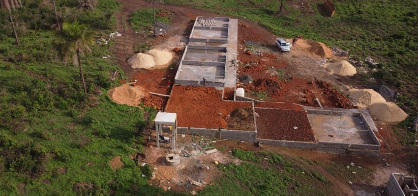 Arial view of a building foundation in progress.