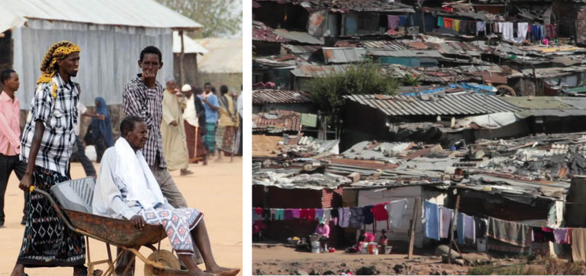 Left: A man being pushed in a wheebarrow. Right: A South African township.