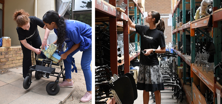 Left: Two women bent over a wheelchair. Right: A woman peruse the shelves of a warehouse.