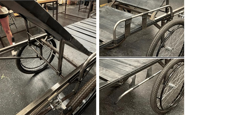 Close ups of a rolling stretcher.