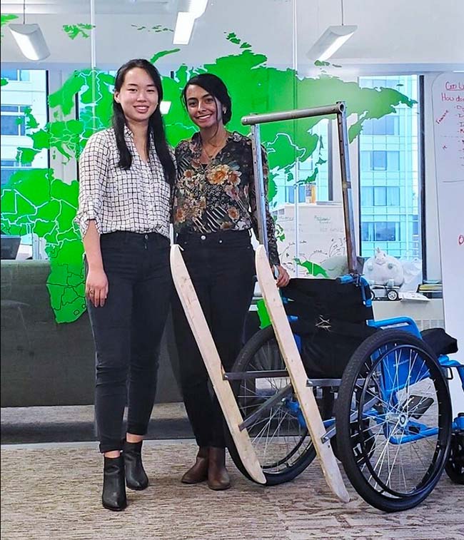 Jessica Xu ‘21 and Smita Bhattacharjee ‘21 with an early TILT prototype at the MIT Legatum Center Open House in fall 2019.