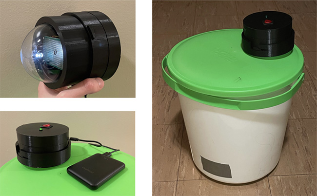 Figure 3: The physical finished prototype, with the integrated electronics and mechanical design all fitting on the Oxfam bucket. As was a requirement of their partner, there is a way to charge the device via USB.
